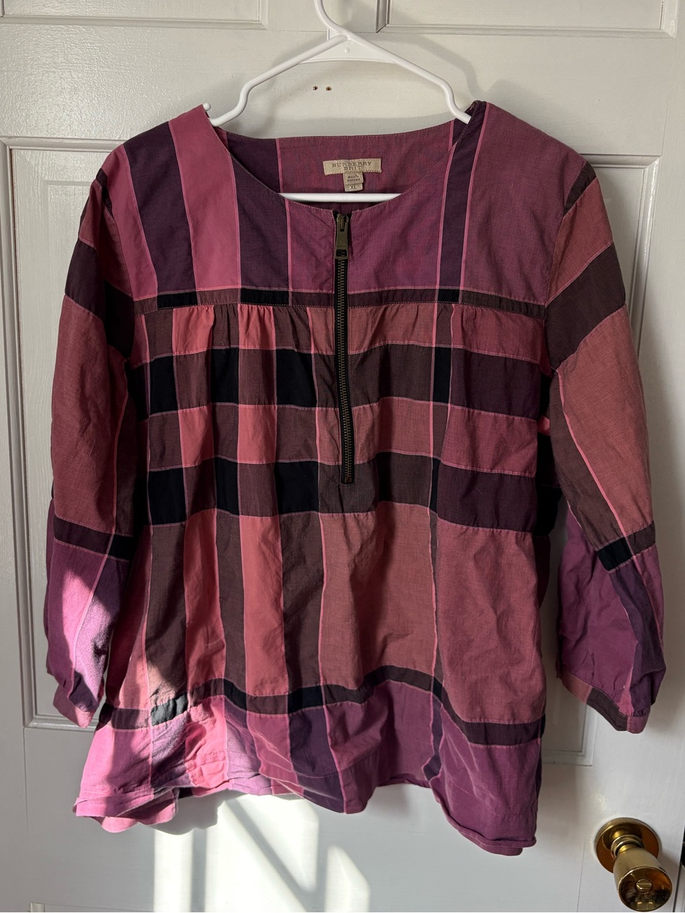 Burberry Brit Nova Check Plaid Blouse Top Pink Black -Extra Large (XL) Zip Front